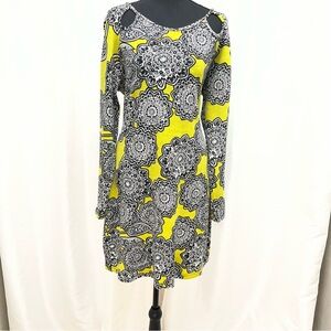 Aryeh Long Sleeve Knit Dress with Chartreuse and Black Mandala Pattern